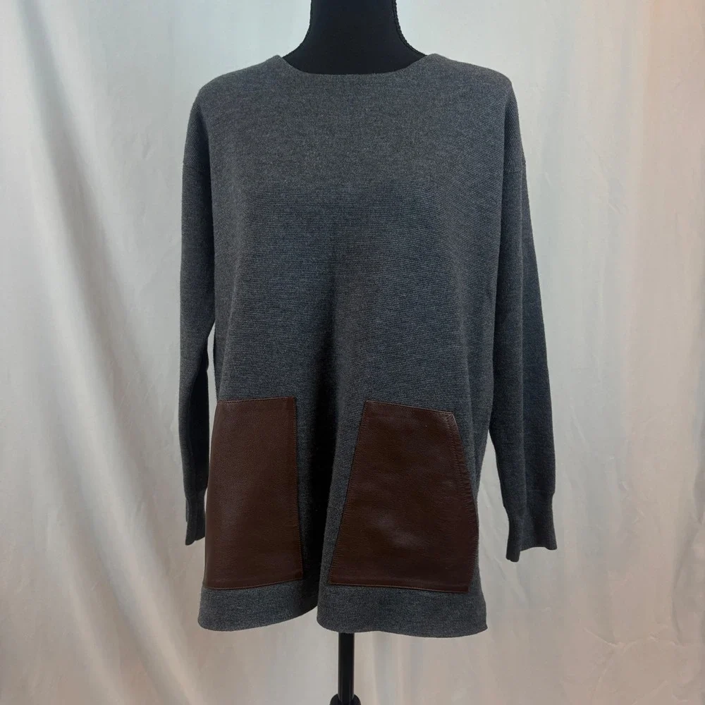 J. Crew Womens Merino Wool Leather Pocket Sweater Gray Pullover Size Medium